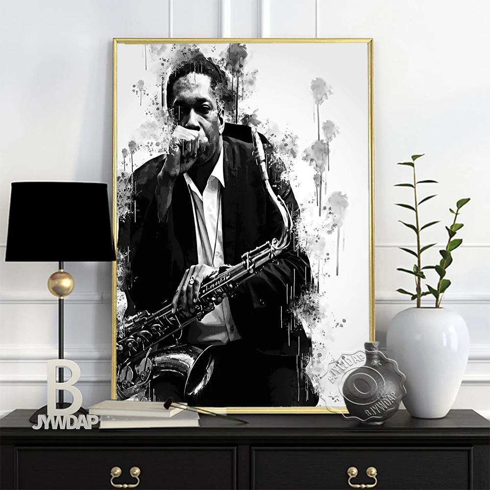 

American Jazz Saxophone Performer Portrait Poster, John Coltrane Sketch Watercolour Art Print, Minimalism Black White Home Decor
