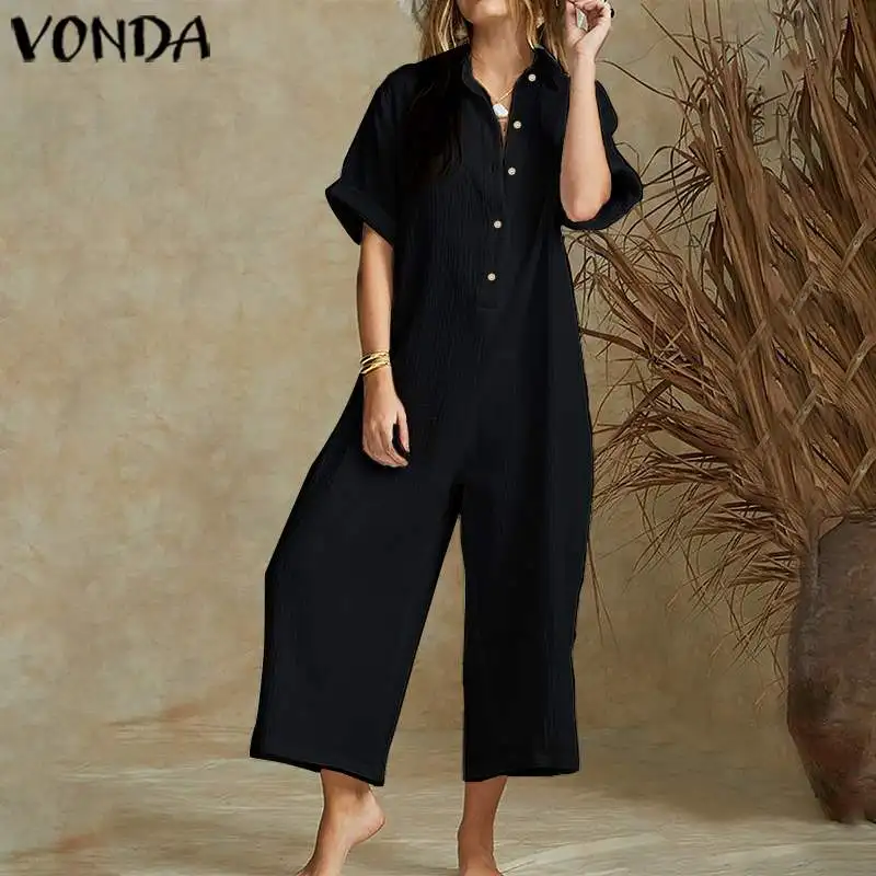 VONDA Women Jumpsuits 2022 Summer Sexy Short Sleeve Rompers Wide Leg Pants Casual Loose Long Playsuits Femme Overalls Overalls