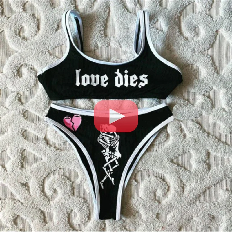 

Sexy Women's Bikini Skull Pattern Printing Beachwear Tank Tops Briefs Swimsuit Push Up Padded Two-pieces Set Brazilian Swimwear
