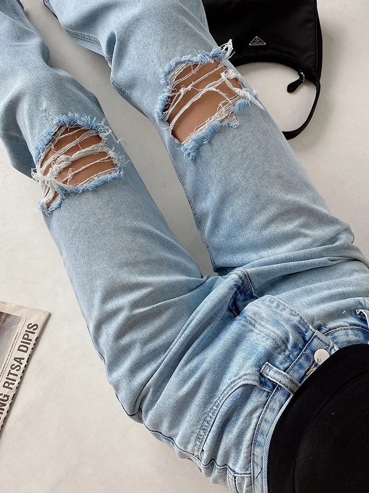 

WOMENGAGA Street Hole Wide Leg Jeans Women's Trendy High Waist Slim Loose Floor Trousers Denim Pants Korean Girl Female US P3QA