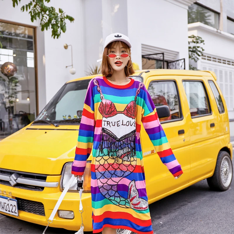 Dangal свободные длинные пуловеры Платья-свитера радужные шотландки Для женщин