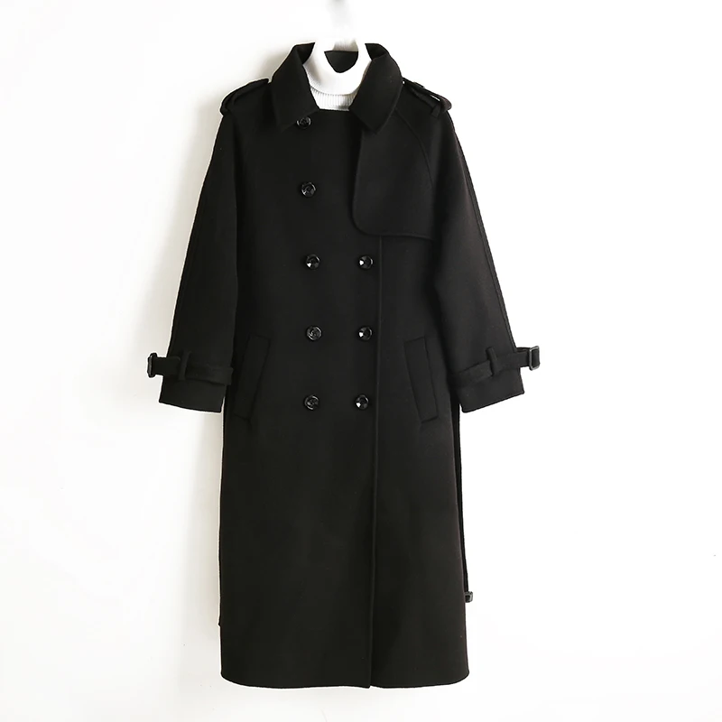 ALKMENE winter new double-faced cashmere coat women's long coat double-breasted woolen coat female cashmere coat - Цвет: black