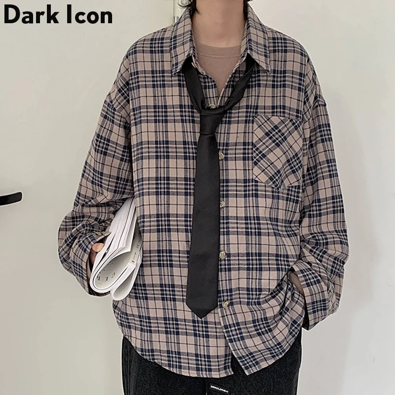 Темная икона клетчатая рубашка мужская Осенняя уличная винтажная Мужская с