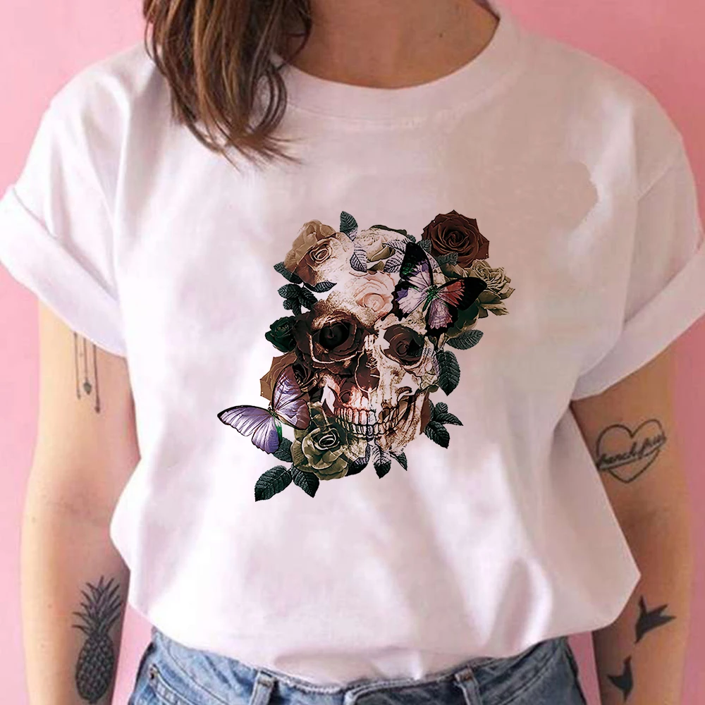 

Skull Flower Print Tee Women Tshirt Fashion Casual Crewneck White Short Sleeve Female Top Modern Popular Minimalist Clothing