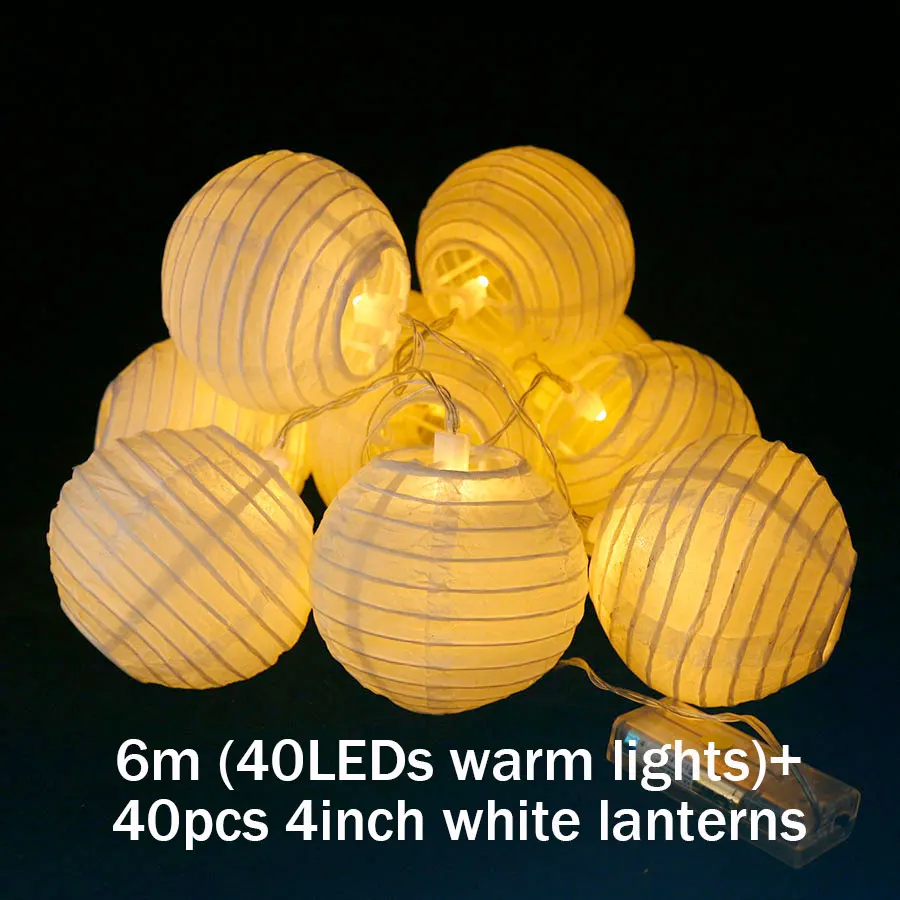 6m 40pcs warm 20 шт./компл. 4 дюйма теплый белый Бумага Фонари светодиодный Красочные подвесной светильник, гирлянды на Рождество Свадебные украшения - Цвет: 6m 40pcs warm