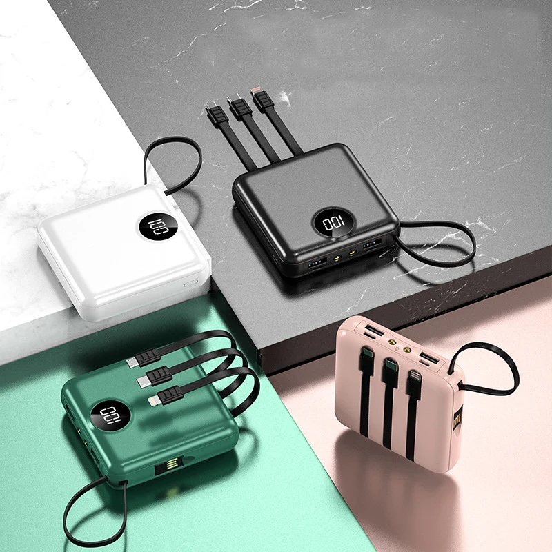 

Power Bank 20000mAh Built in Cable External Battery Pack Portable Charger Powerbank For iPhone 14 Samsung S22 Tablet with Light