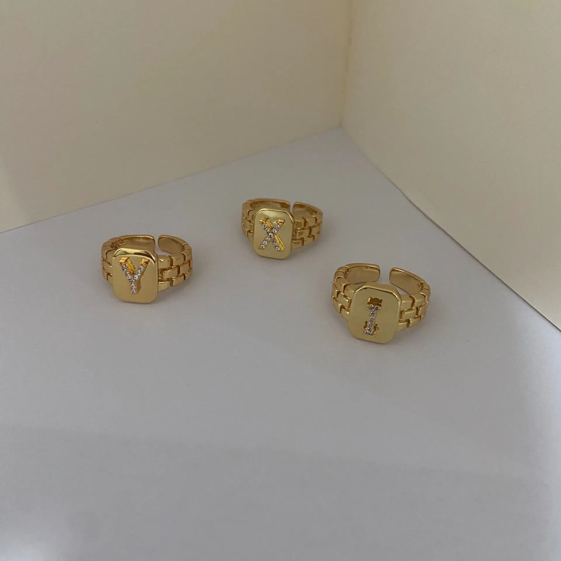 

New Ins Blogger French Style Retro Europe and America Diamond Letters Chain Open Ring for Women High Quality