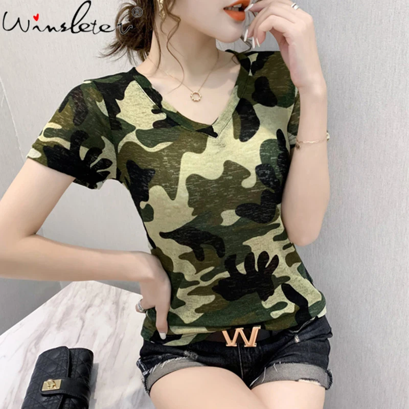 

Summer Korean Clothes T-Shirt Print Camouflage Girl Fashion Women Tops Short Shirt Tees Casual Bottoming Shirt New 2021 T14008A