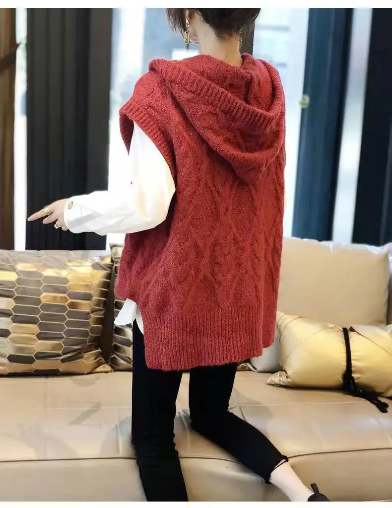 Женский свитер с капюшоном и вилкой безрукавка оверсайз весна осень 2021| |