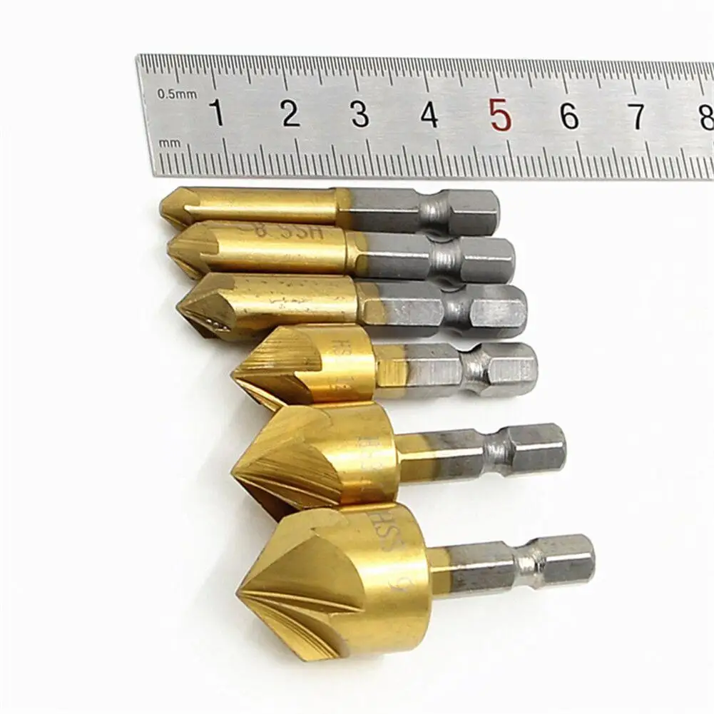

6pcs Hex Shank Drill Bits 90 Degree 6mm-19mm Countersink Chamfer HSS Chamfer Cutter Woodworking Power Tool Accessories