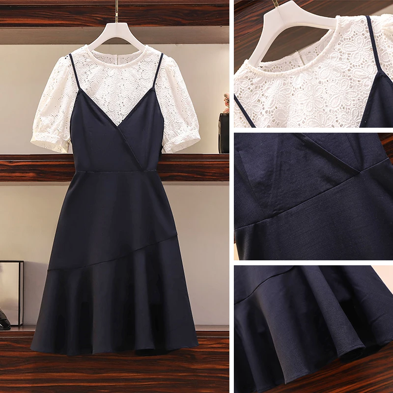 

4XL Plus Size Women Korean Ruffle Dress Summer 2021 White Hollow Out Lace Puff Sleeve Patchwork Fake Two Piece Ladies Dresses