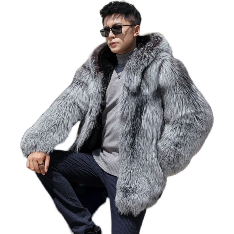 

Free Shipping New Fashion Casual Men's Hooded Fox Fur Men's Mink Fur Coat Silver Fox Whole Mink Coat Warm Male Jacket