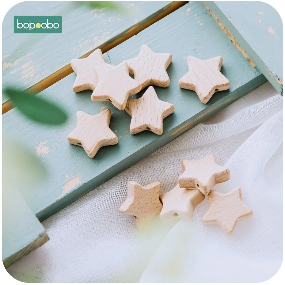 Bopoobo-Cuentas de madera de haya para dentici&oacute;n, mordedor masticable con forma de estrella, sin BPA, manualidades para beb&eacute;s, 10 unidades-0
