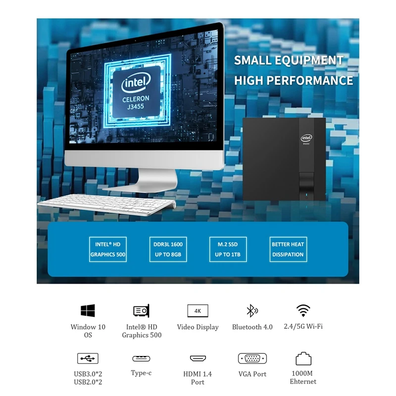 DIY M5 Mini PC Intel Celeron J3455 Windows 10 DDR3L 4G+128G M.2 SSD USB3.0 4K HDMI VGA Gigabit Ehternt 5G WIFI