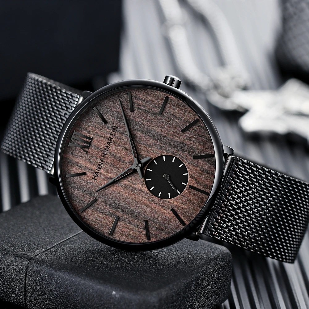 

Mens Watches Minimalist Clock Male Stainless Steel Mesh Simple Quartz Watch Wood Grain Dial Watch For Men reloj hombre Relogio