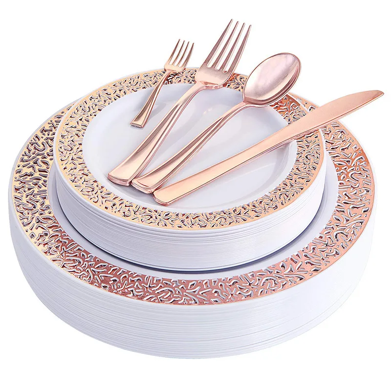 

10 Disposable Tableware Birthday Party Wedding Restaurant Supplies Plastic Plate Gold Plated Cup Knife and Fork Spoon