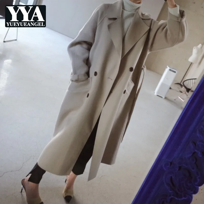 Elegant Streetwear Woolen Coat Women Autumn Winter Sashes Double Breasted Loose Overcoat Fashion Beige Warm Long Outwear S-XL | Женская