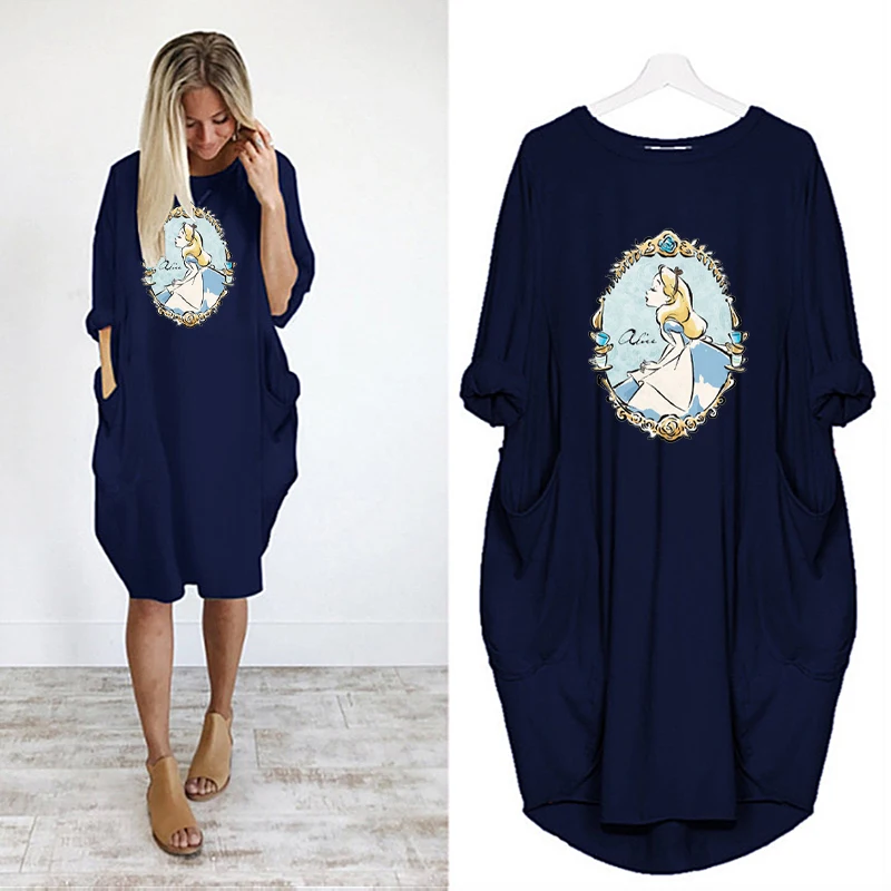 

Disney Midi Dress Long Sleeve Alice Cartoon Print Women Loose Autumn Robe Pockets Party Dresses for Women 2021 Fashion Elegant