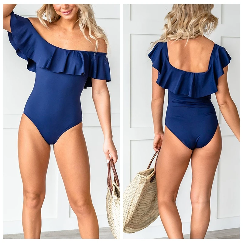 

Plain One-Shoulder Women's One-Piece Swimsuit Ruffled Tight-Fitting High-Waist Halter Swimsuit 2021 Party Push-Up Pool Suit