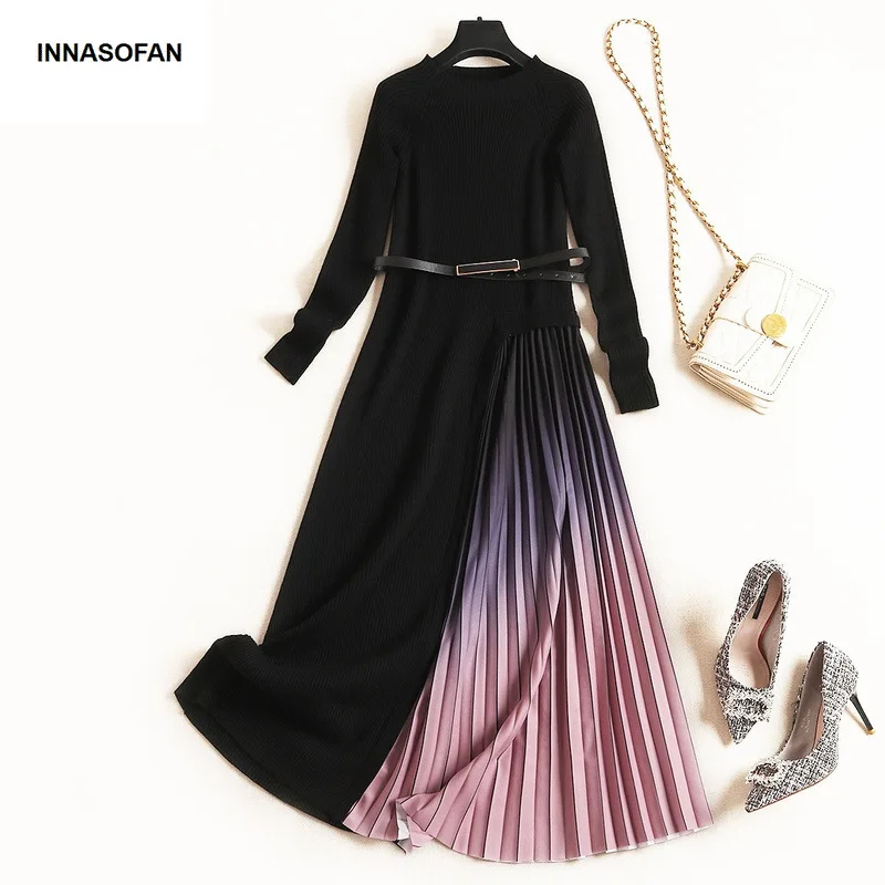INNASOFAN трикотажное шифоновое платье для женщин Осень зима с длинными рукавами