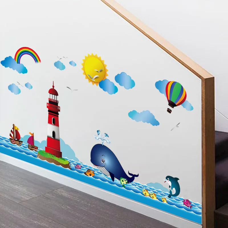 

Cartoon lighthouse whale Wall Sticker for kids Children's room background home decoration Mural art Decals wallpaper stickers