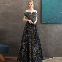 new sexy sequins evening dress long elegant v neck backless womens formal gown a line banquet off the shoulder party gown