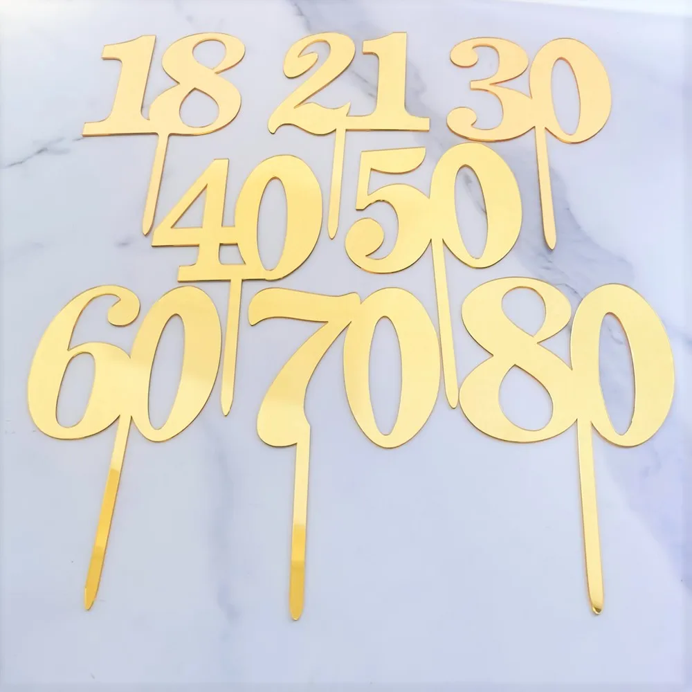 

1pc Mirror Surface Cake Topper Acrylic Number 18/21/30/40/50/60/70/80 Birthday Party Cake Decorating Wedding Anniversary Topper