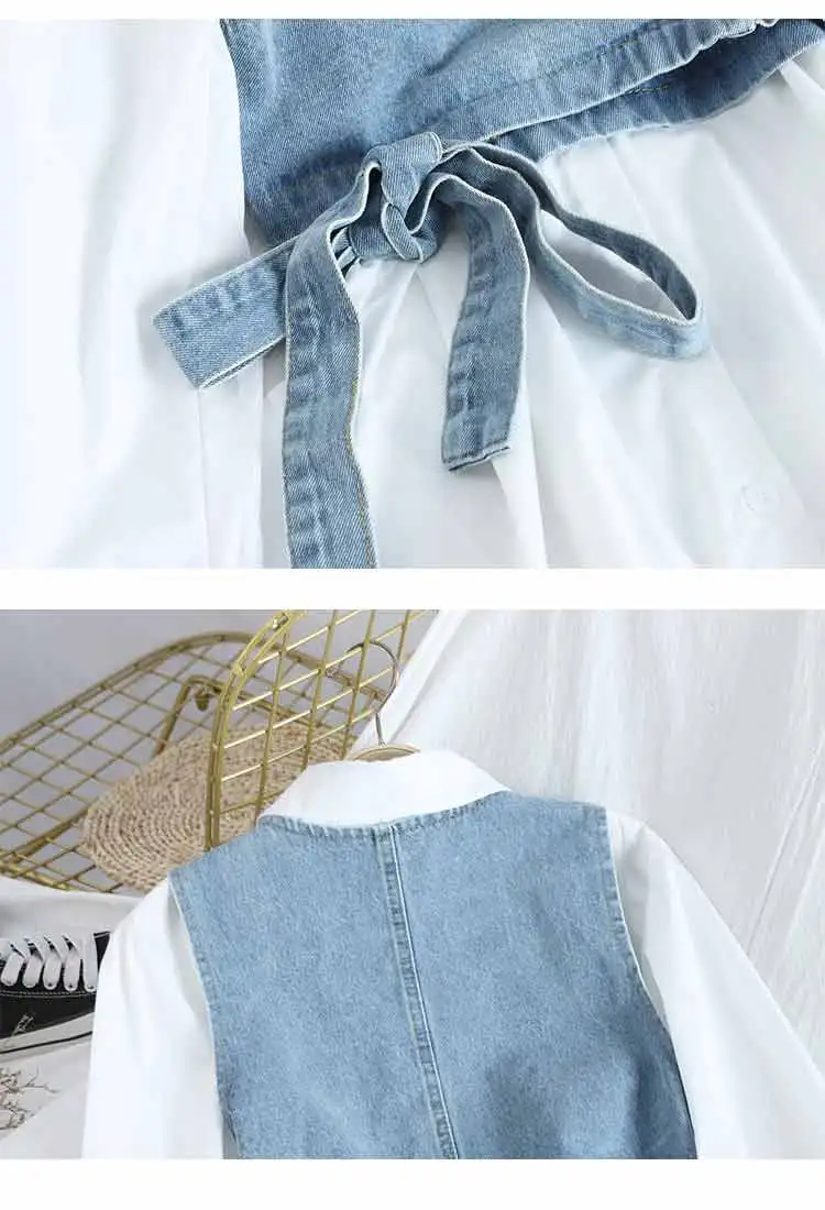 

Turn Down Collar Solid Shirt +Jeans Vest Office Lady Spring Women Blouse Fashion Korean Casual Loose Long Sleeve