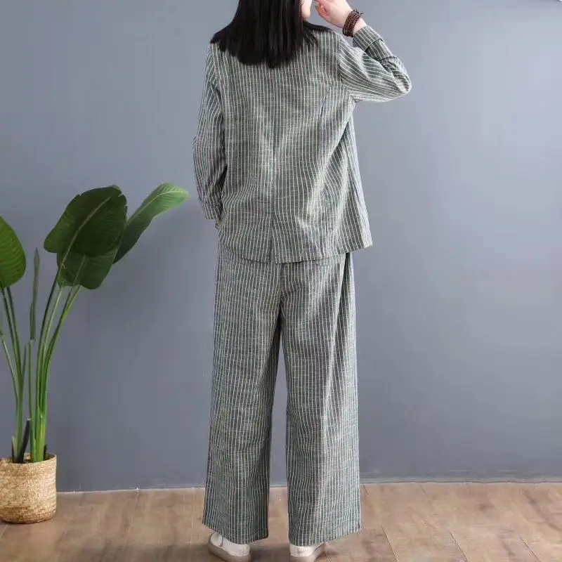 Повседневный Ретро-костюм в полоску Женский хлопковый и льняной Блейзер брюки