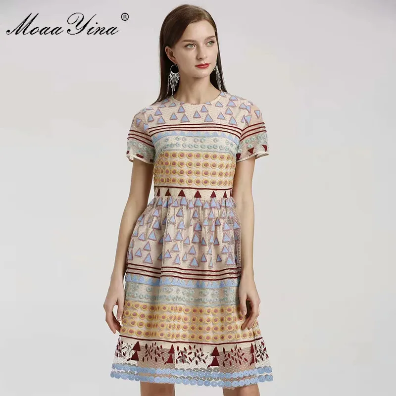 Женское винтажное платье с вышивкой MoaaYina дизайнерское Сетчатое коротким рукавом