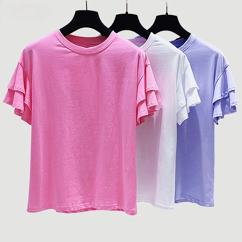 

Женская летняя Однотонная футболка с коротким рукавом, Корейская Милая свободная Универсальная футболка с оборками, модные повседневные ж...