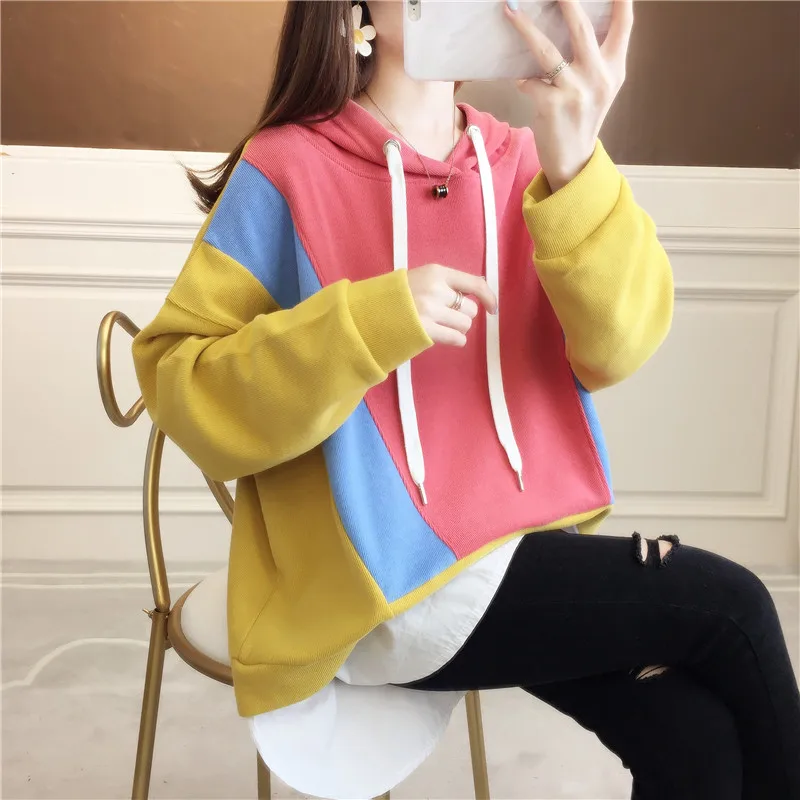 

#0671 Long Hoodies Women Spring Autumn False Two Piece Streetwear Spliced Color Asymmetrical Hoodies Sweatshirt Pullovers Loose