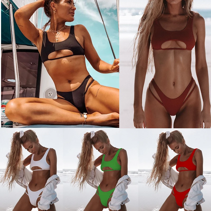 Купальник бикини женский однотонный с завышенной талией и вырезами|Купальники| |