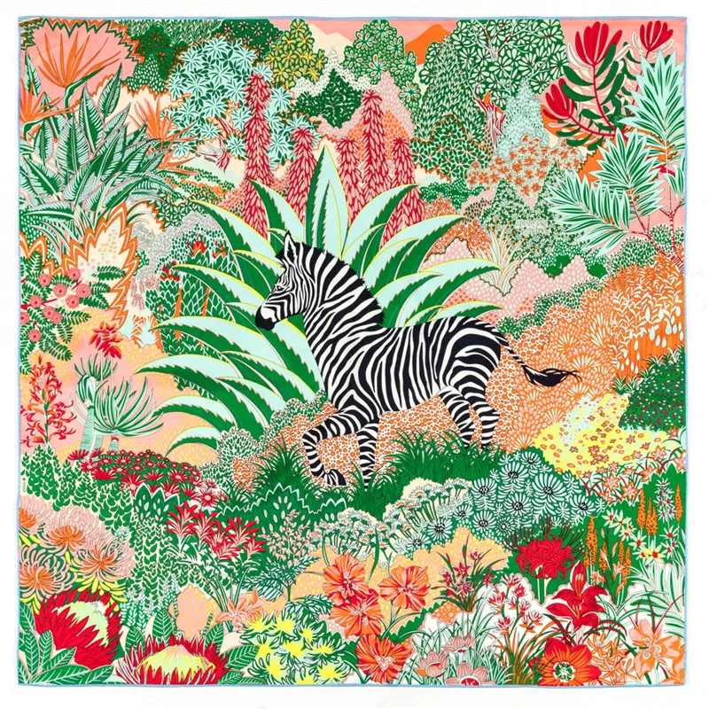 

POBING Manual Hand Rolled Twill Silk Scarf Women Forest Zebra Square Scarves Echarpes Foulard Femme Wrap Lady Bandana Hijab 90CM
