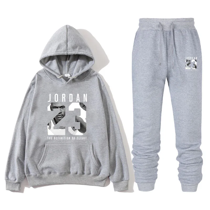 New men's sweater suit 23 sportswear sweater suit fleece hoodie+ sports pants jogging men's and women's sweater 3XL sportswear - Color: light grey