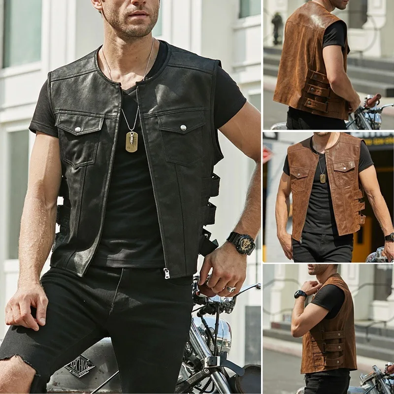 

Lugentolo Faux Leather Men Vest Jecket Slim-fit Zipper PU Sleeveless Leather Jacket Spring Summer Plus Size Men Clothing