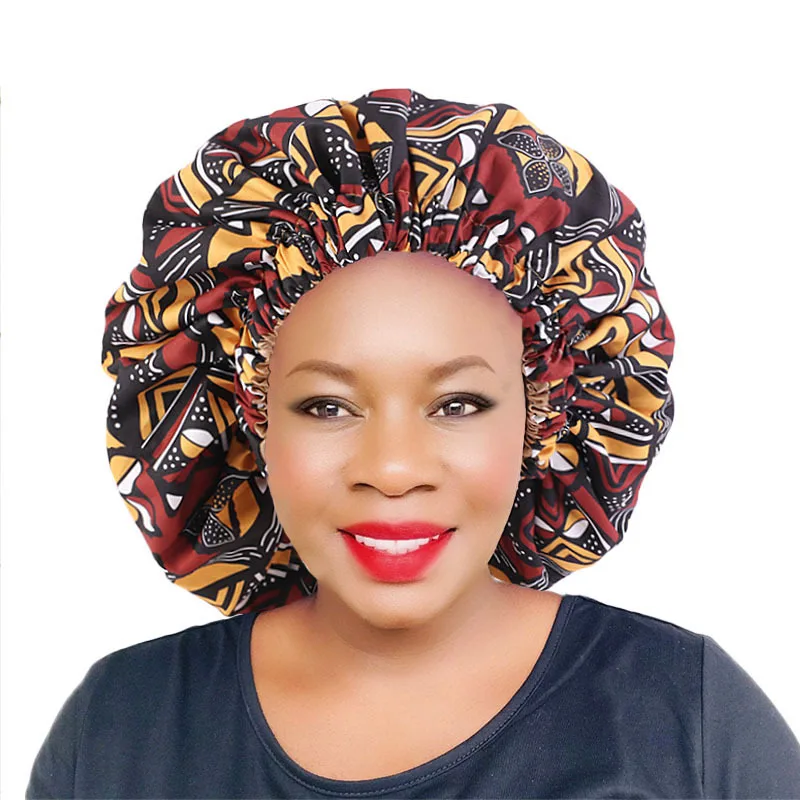 

Large Satin Ankara Bonnets Elastic Lined African Head Sleep Bonnet Female Wrap Cap Print Lady Head Cover Bonnet Turban for Women