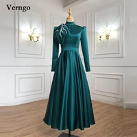 verngo modest arabic women formal evening dresses high neck long sleeves satin a line mid calf prom gowns mother formal dress