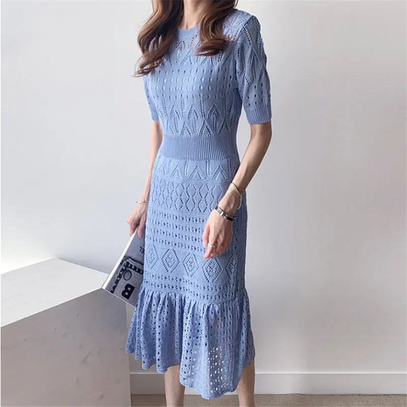 

Chic Hollow Out Ruffles Sexy Bodycon 2021 Office Lady Knitting Slim Women Hot High Quality Feminine OL Long Dresses