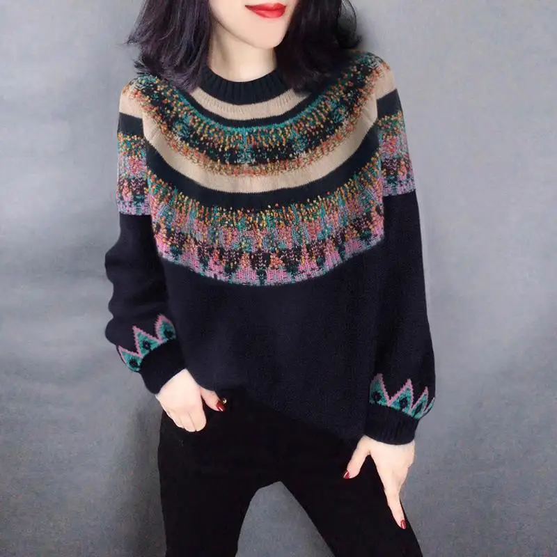 European Station Casual Ethnic Style Stitching Round Neck Black Sweater Knitwear Women's 2022 Spring New European Goods