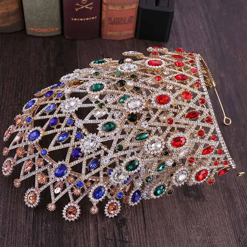 FORSEVEN Gold Blue Red Crystal Rhinestone Diadem Queen Princess Tiara and Crowns Bridal Bride Wedding Hair Jewelry Headbands | Украшения и