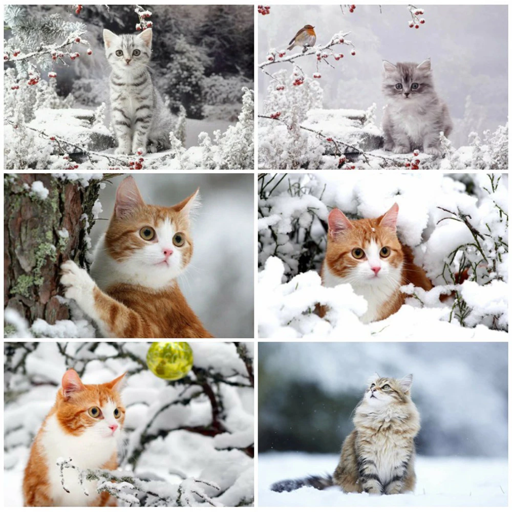 

5D алмазная живопись «сделай сам» бусина на кошке, вышивка, Алмазная мозаика зимняя картинка с животными из стразов ручной работы, подарок дл...