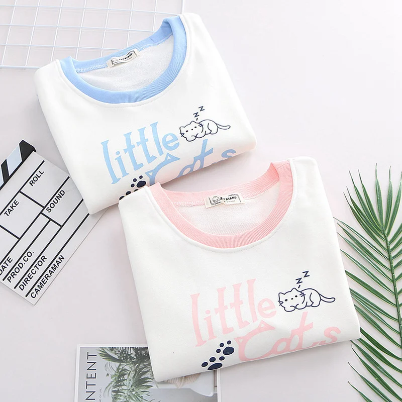 

2019 New Autumn Sweet Cotton Sweatshirts Women Casual O Neck Little Cats Print Patchwork Hoodies Student Cute Basic Sweatshirt