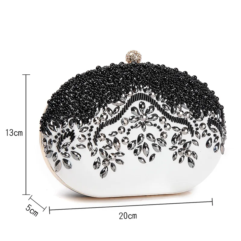 

Luxury Ladies Wedding Evening Bags Handmade Beading Oval Women Clutches Handbags Black White Diamond Crystal Flower Clutch Purse