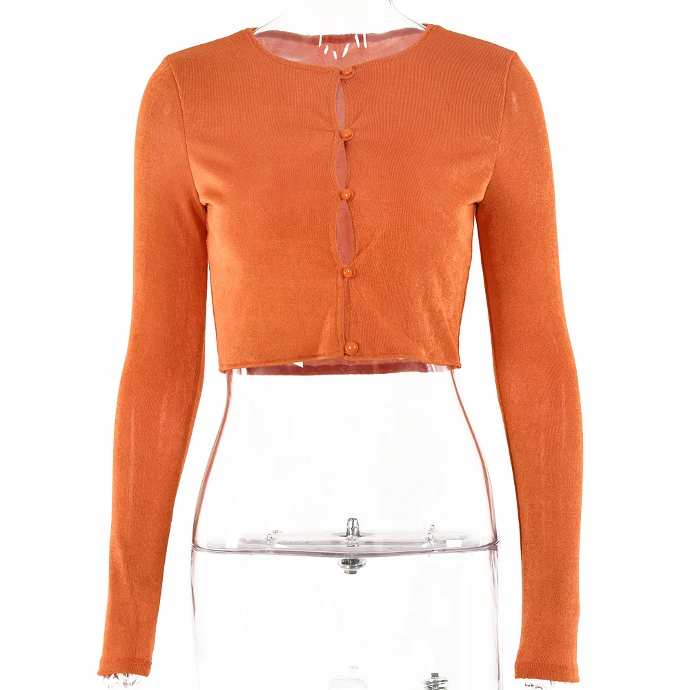 

Y2k Tops Green Orange Double Layers Buttons Casual T Shirt Women Long Sleeve Short Summer Crop Top Shirt 2021 New Party T-shirts