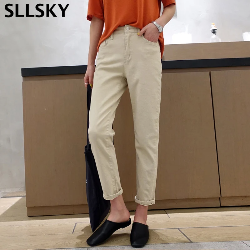 

Женские джинсы в Корейском стиле Sllsky, повседневные свободные прямые джинсовые брюки до щиколотки с высокой талией в винтажном стиле, весна-...