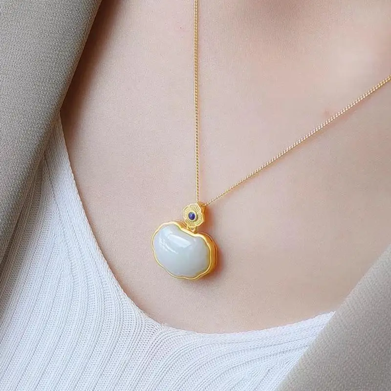 

Natural Hetian white jade Xiangyun Pendant Necklace Chinese style retro palace noble light luxury winter women's jewelry