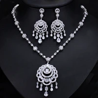 threegraces bohemian cubic zirconia long tassel earrings necklace bridal wedding party jewelry set for women accessories tz748