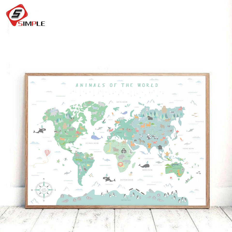 

Woodland Animal World Map Poster Art Prints Nursery Decor Watercolor Map With Animals Canvas Painting For Kids Room Wall Art