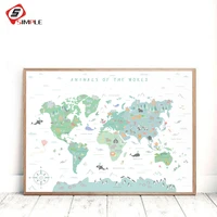woodland animal world map poster art prints nursery decor watercolor map with animals canvas painting for kids room wall art